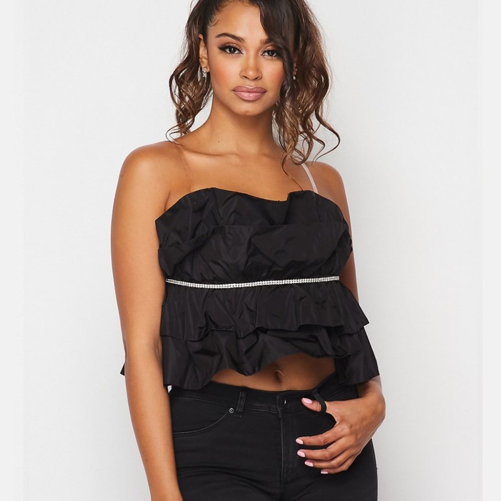 Rhinestone Belt Ruffle Crop Top